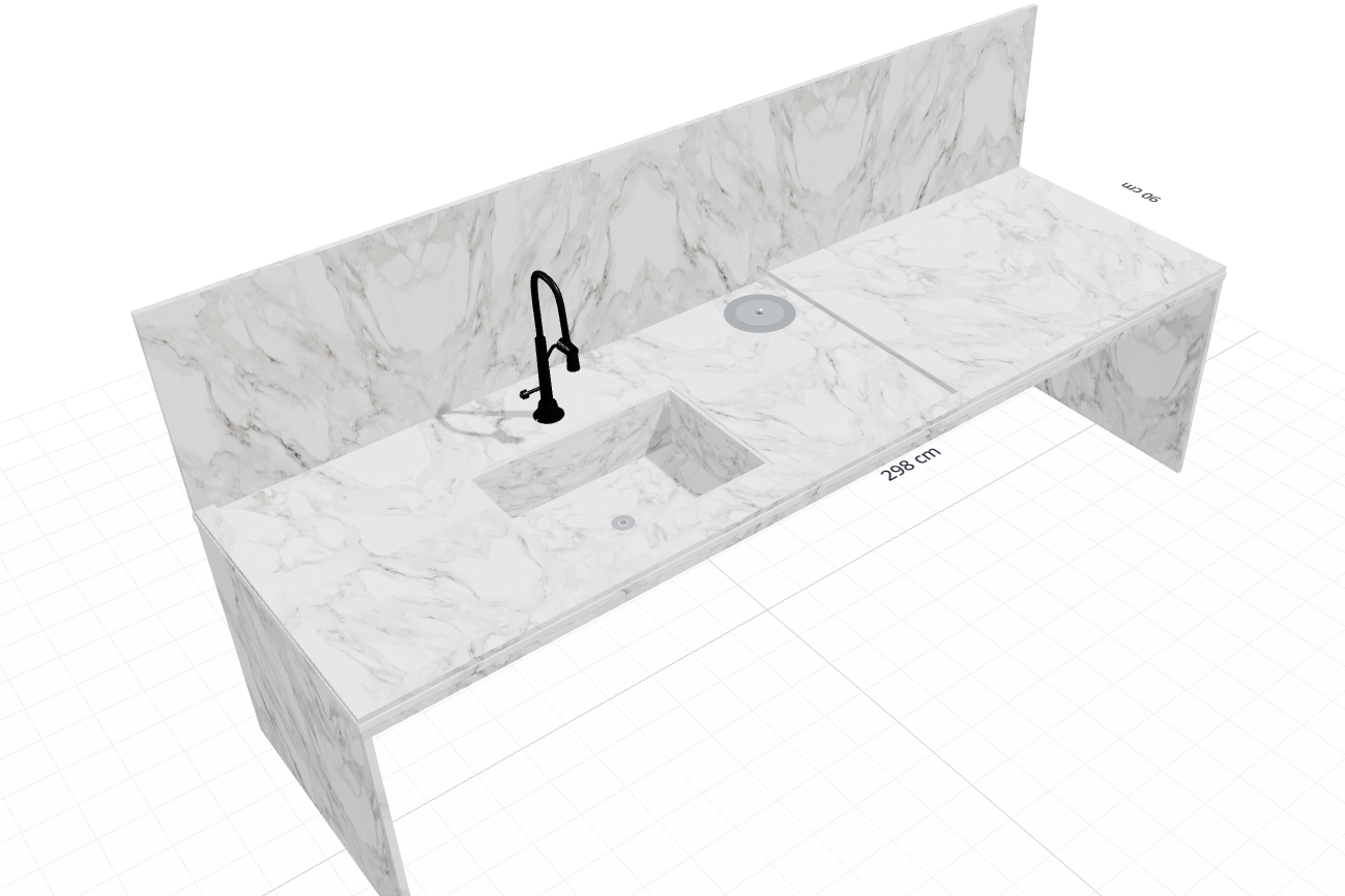 Visualização 3D de uma bancada de cozinha em mármore com medidas do projeto