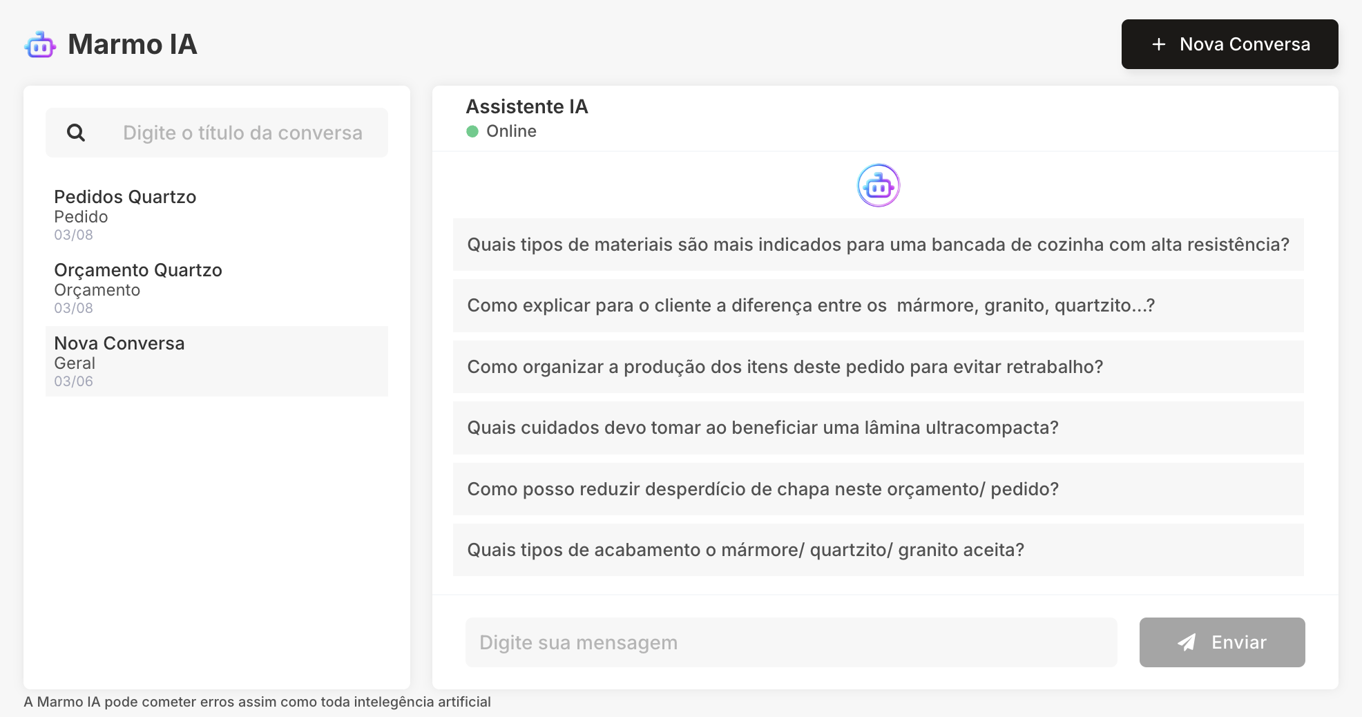 Tela da Marmo IA com perguntas específicas para a rotina de uma marmoraria